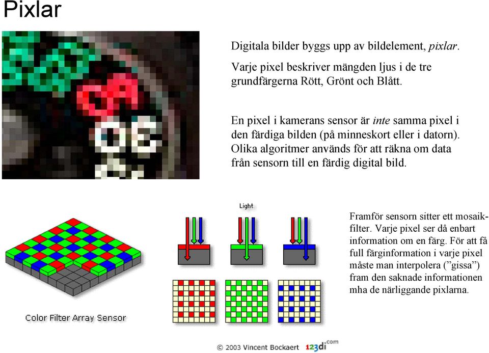 Olika algoritmer används för att räkna om data från sensorn till en färdig digital bild. Framför sensorn sitter ett mosaikfilter.