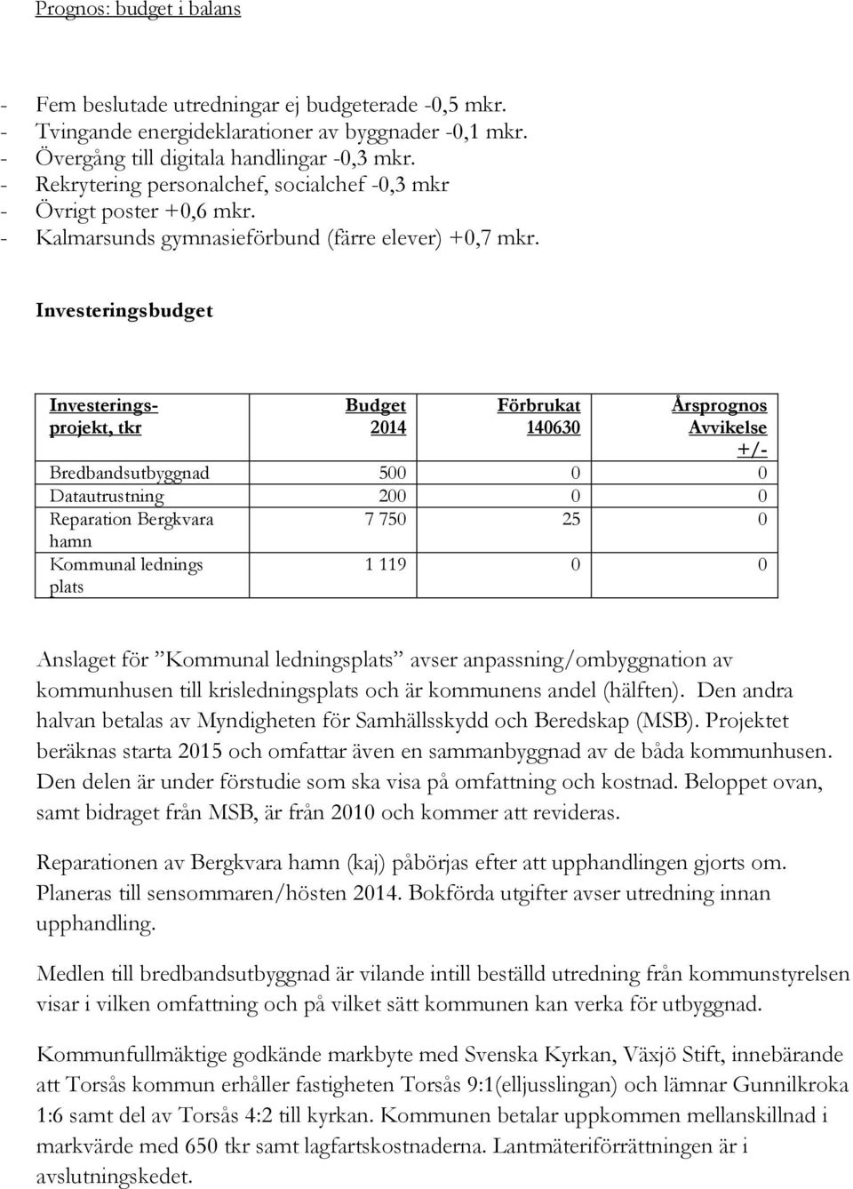 Investeringsbudget Investeringsprojekt, tkr Budget 2014 Förbrukat 140630 Årsprognos Avvikelse +/- Bredbandsutbyggnad 500 0 0 Datautrustning 200 0 0 Reparation Bergkvara 7 750 25 0 hamn Kommunal