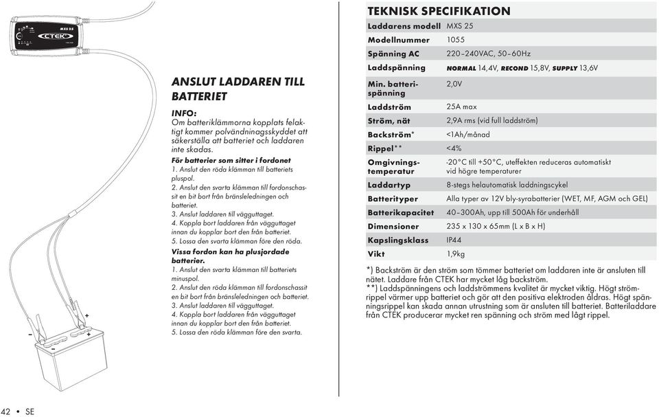 Anslut den svarta klämman till fordonschassit en bit bort från bränsleledningen och batteriet. 3. Anslut laddaren till vägguttaget. 4.