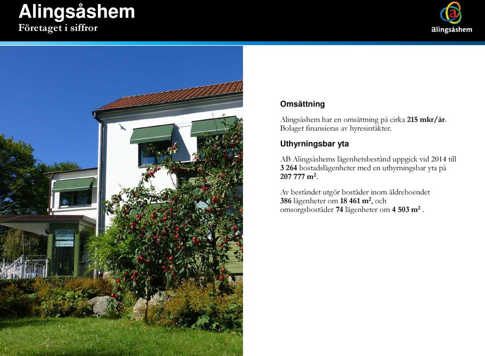 Uthyrningsbar yta AB Alingsåshems lägenhetsbestånd uppgick vid 2014 till 3 264 bostadslägenheter