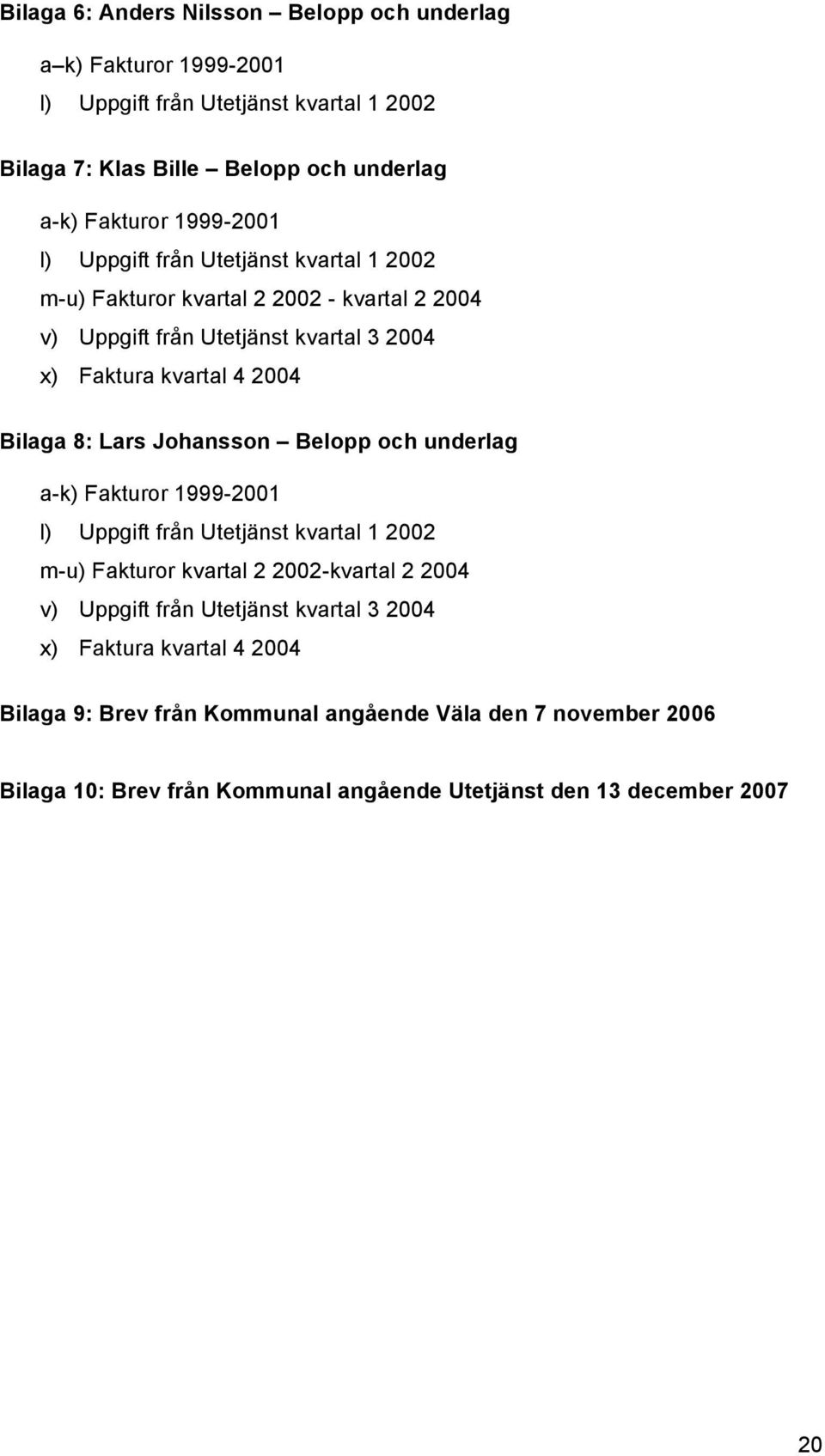 8: Lars Johansson Belopp och underlag a-k) Fakturor 1999-2001 l) Uppgift från Utetjänst kvartal 1 2002 m-u) Fakturor kvartal 2 2002-kvartal 2 2004 v) Uppgift från