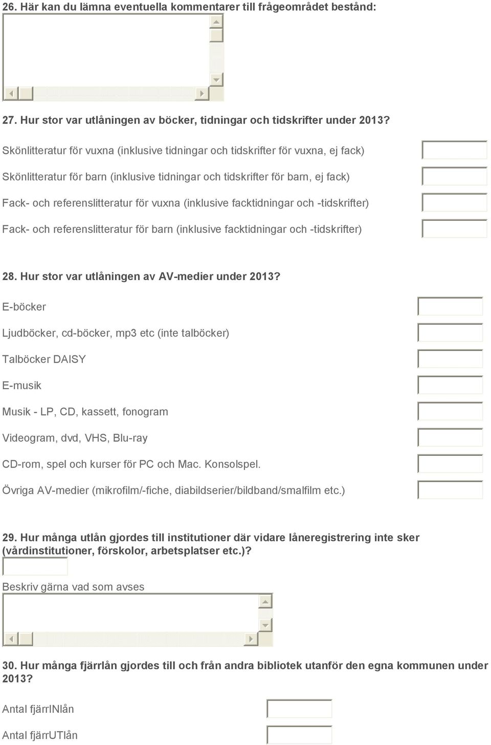 vuxna (inklusive facktidningar och -tidskrifter) Fack- och referenslitteratur för barn (inklusive facktidningar och -tidskrifter) 28. Hur stor var utlåningen av AV-medier under 2013?