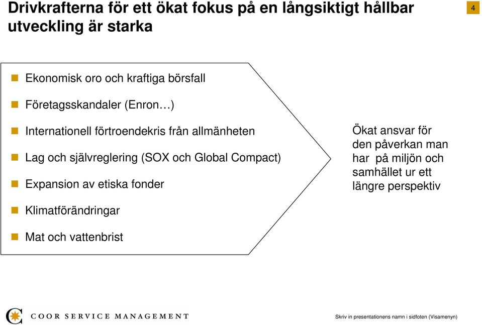 Lag och självreglering (SOX och Global Compact) Expansion av etiska fonder Ökat ansvar för den