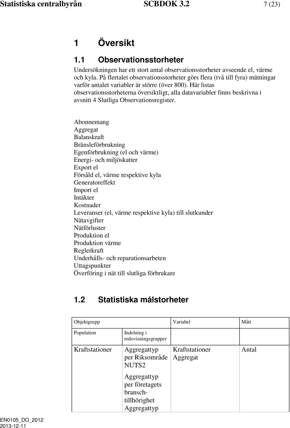 Här listas observationsstorheterna översiktligt, alla datavariabler finns beskrivna i avsnitt 4 Slutliga Observationsregister.