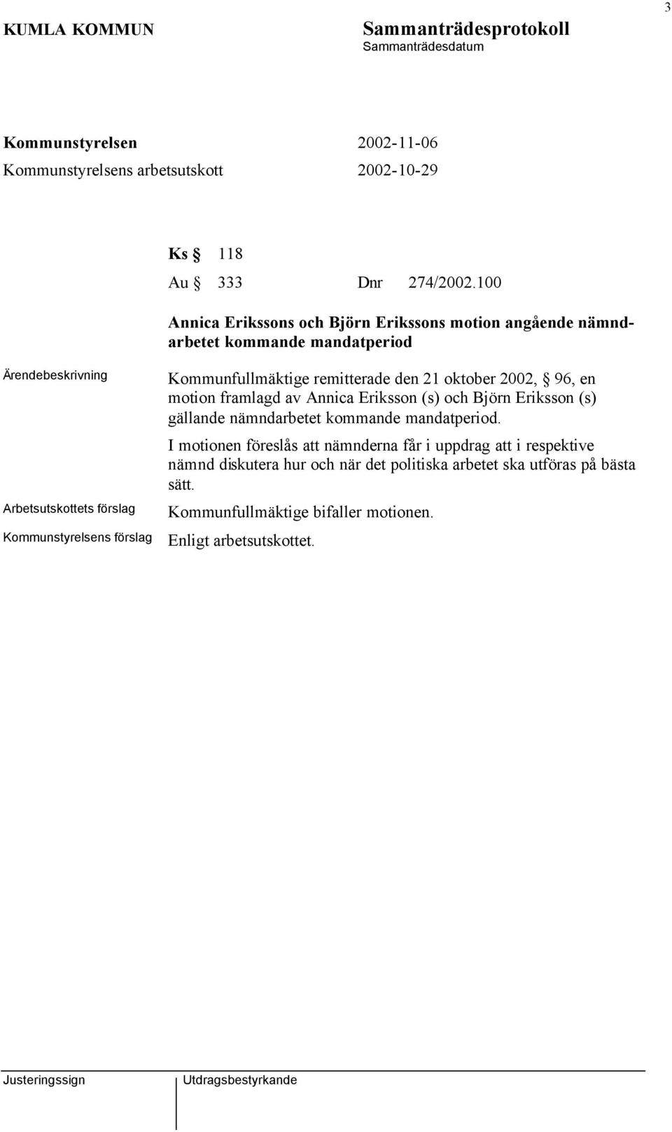 Kommunfullmäktige remitterade den 21 oktober 2002, 96, en motion framlagd av Annica Eriksson (s) och Björn Eriksson (s) gällande nämndarbetet