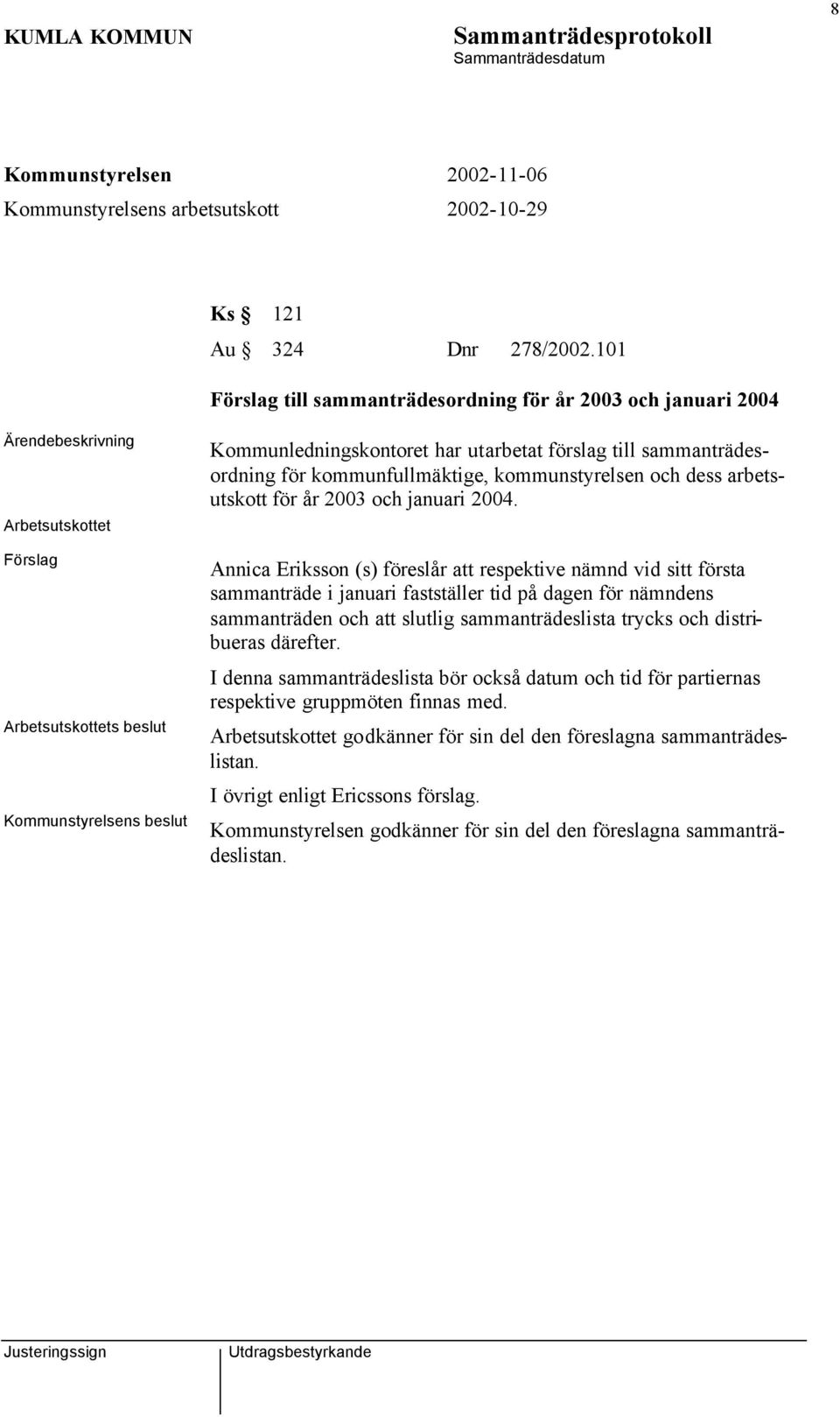 sammanträdesordning för kommunfullmäktige, kommunstyrelsen och dess arbetsutskott för år 2003 och januari 2004.