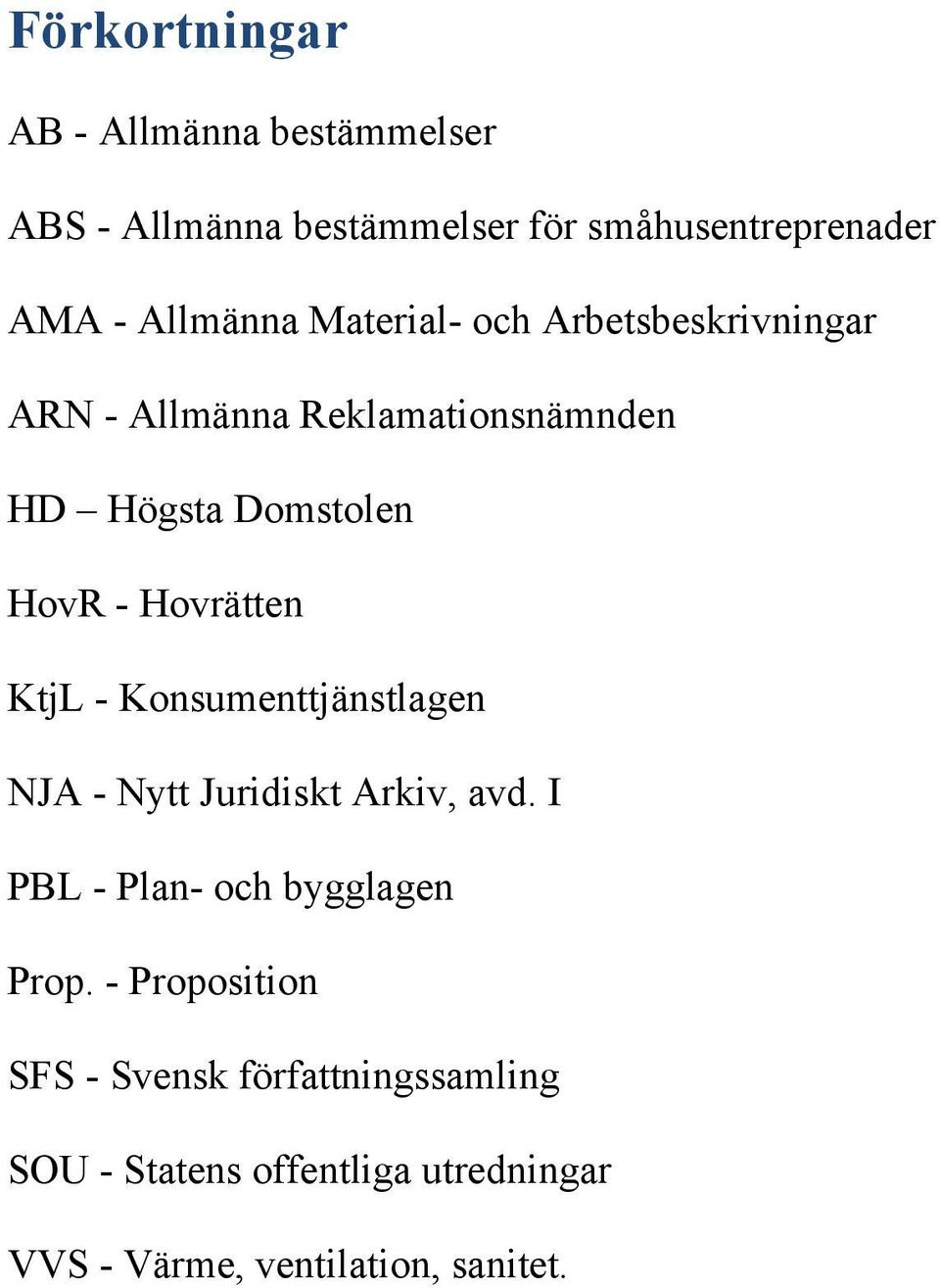 Hovrätten KtjL - Konsumenttjänstlagen NJA - Nytt Juridiskt Arkiv, avd. I PBL - Plan- och bygglagen Prop.