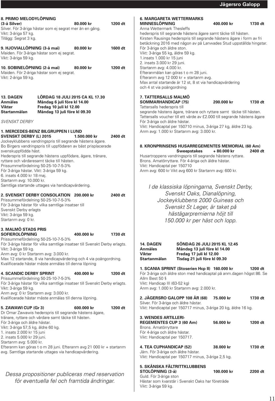 DAGEN LÖRDAG 18 JULI 2015 CA KL 17.30 Anmäles Måndag 6 juli före kl 14.00 Vikter Fredag 10 juli kl 12.00 Startanmälan Måndag 13 juli före kl 09.30 SVENSKT DERBY 1.