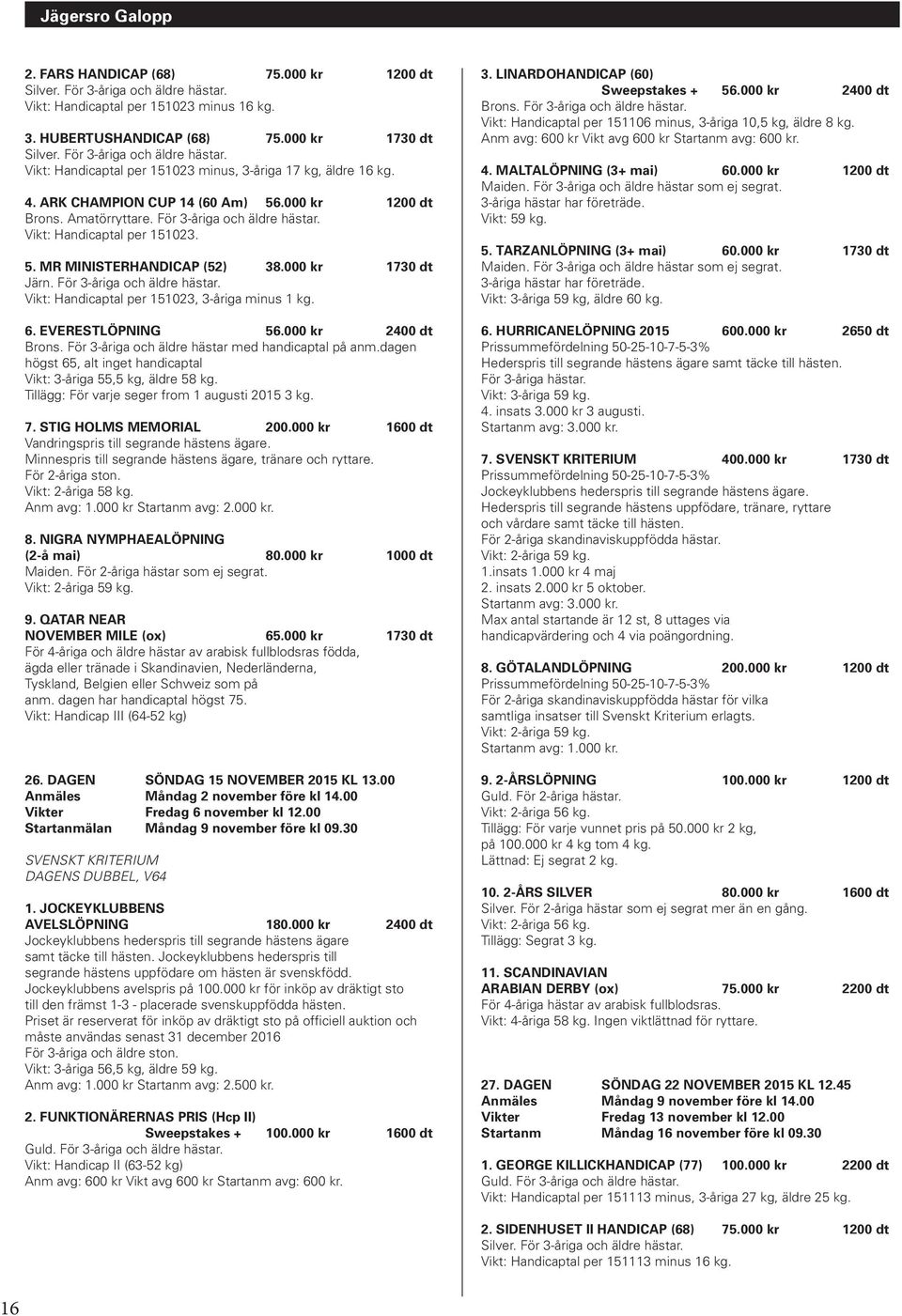 Vikt: Handicaptal per 151023. 5. MR MINISTERHANDICAP (52) 38.000 kr 1730 dt Vikt: Handicaptal per 151023, 3-åriga minus 1 kg. 6. EVERESTLÖPNING 56.000 kr 2400 dt Brons.