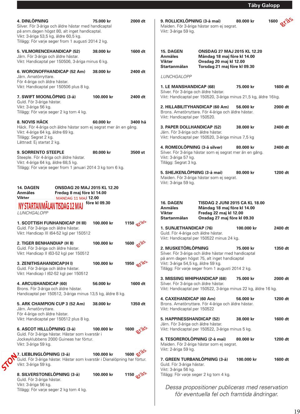 Amatörryttare. För 4-åriga och äldre hästar. Vikt: Handicaptal per 150506 plus 8 kg. 7. SWIFT MOONLÖPNIG (3-å) 100.000 kr 2400 dt Guld. För 3-åriga hästar. Tillägg: För varje seger 2 kg tom 4 kg. 8. NOVIS HÄCK 60.