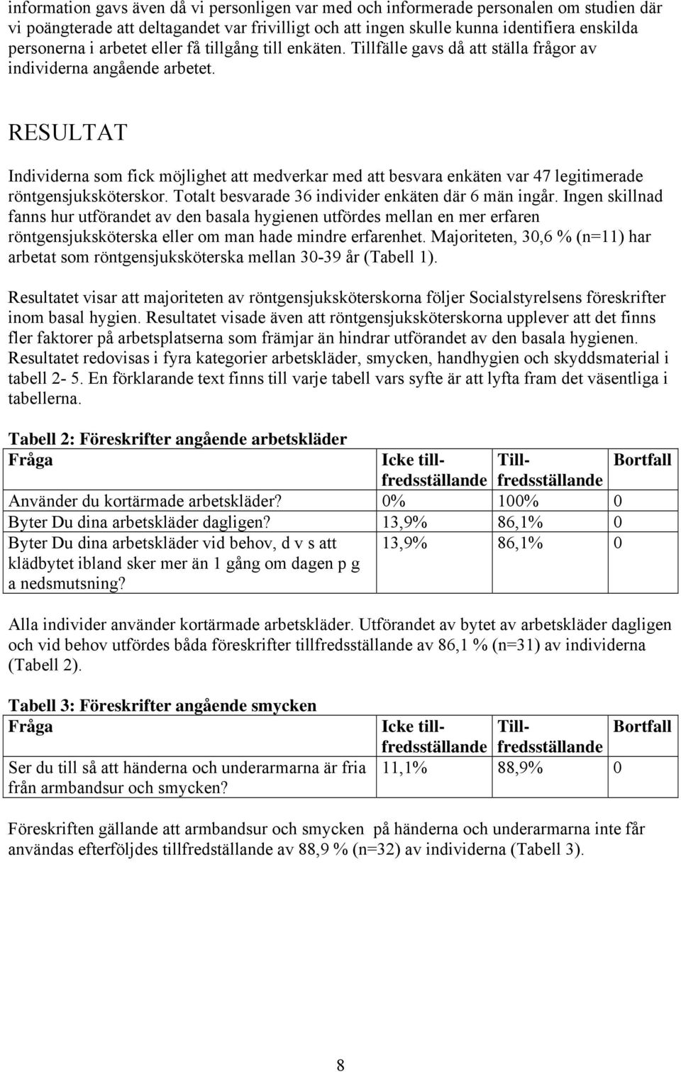 RESULTAT Individerna som fick möjlighet att medverkar med att besvara enkäten var 47 legitimerade röntgensjuksköterskor. Totalt besvarade 36 individer enkäten där 6 män ingår.