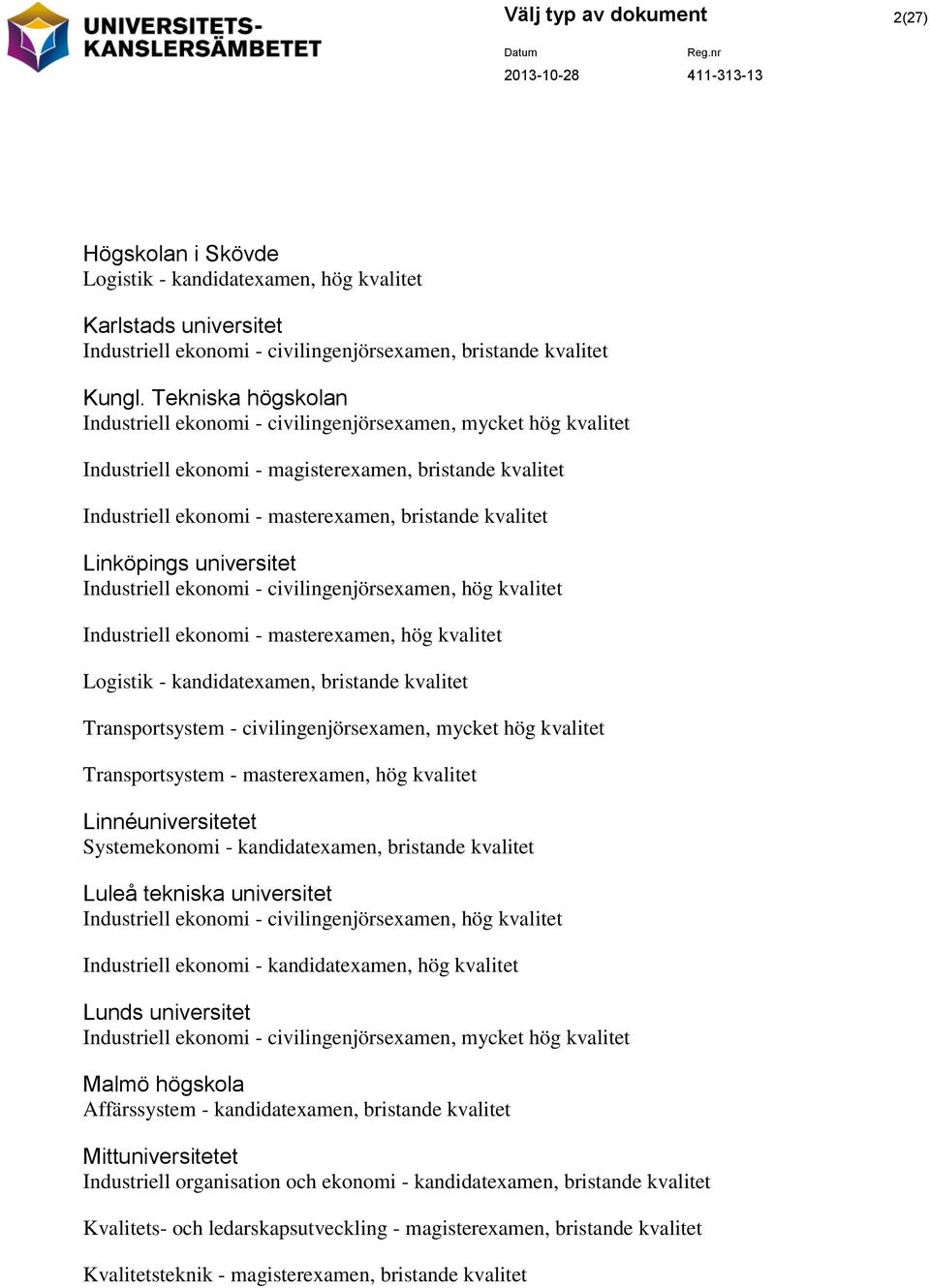 Tekniska högskolan Industriell ekonomi - civilingenjörsexamen, mycket hög kvalitet Industriell ekonomi - magisterexamen, bristande kvalitet Industriell ekonomi - masterexamen, bristande kvalitet