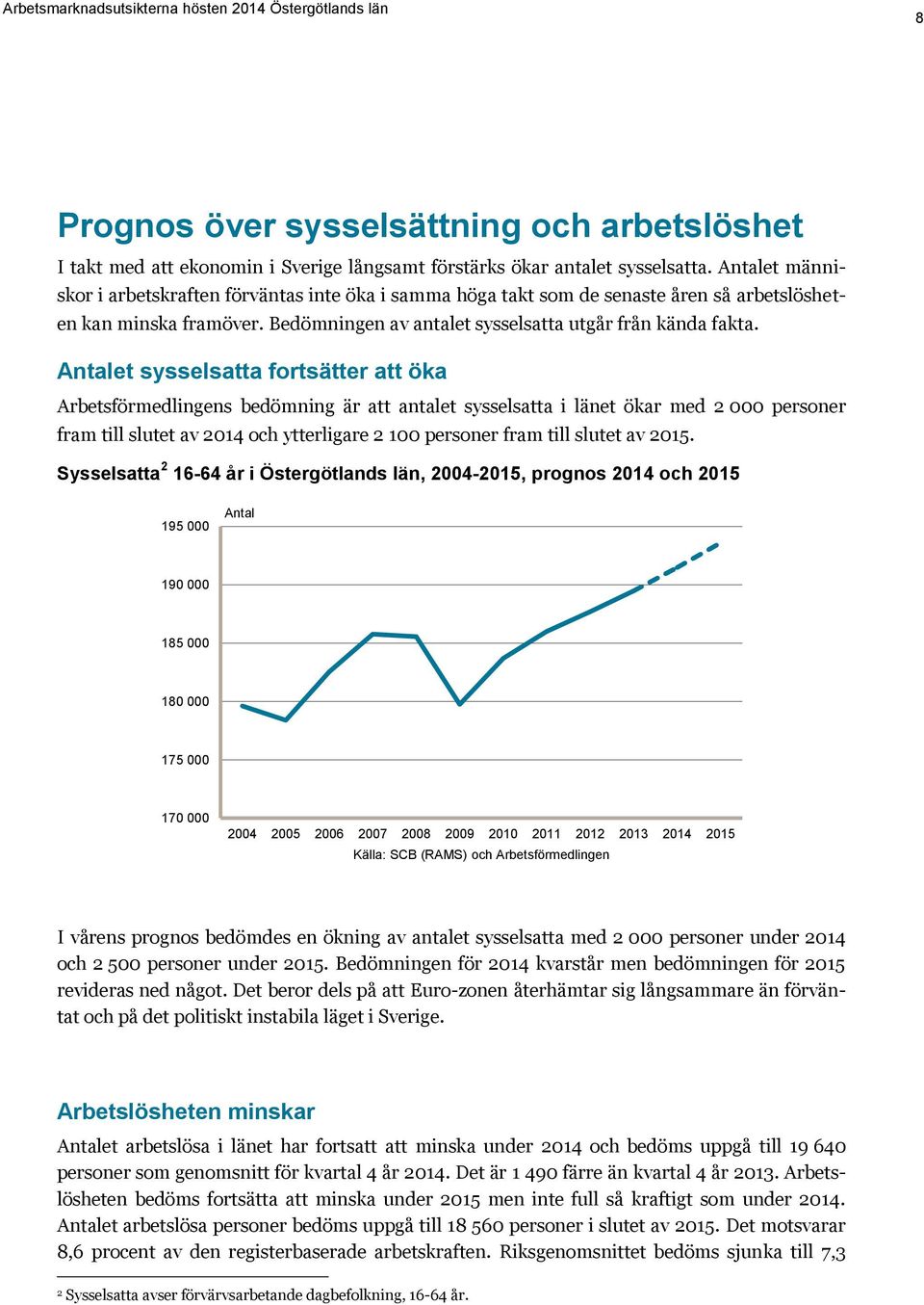 Antalet sysselsatta fortsätter att öka Arbetsförmedlingens bedömning är att antalet sysselsatta i länet ökar med 2 000 personer fram till slutet av 2014 och ytterligare 2 100 personer fram till