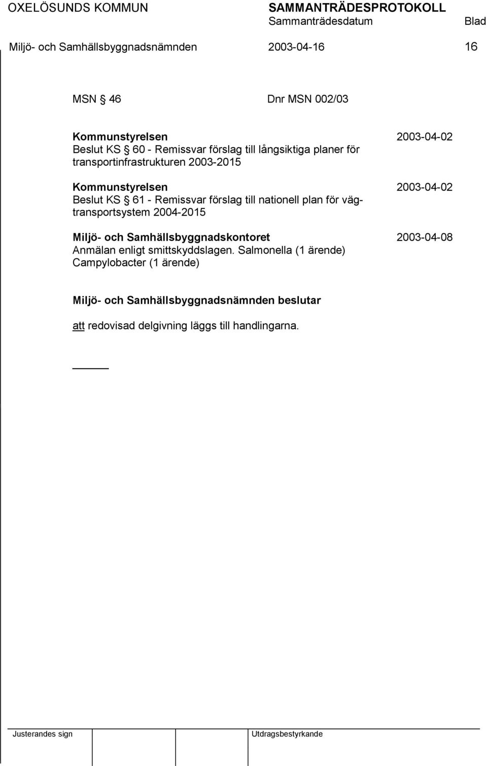 nationell plan för vägtransportsystem 2004-2015 Miljö- och Samhällsbyggnadskontoret 2003-04-08 Anmälan enligt smittskyddslagen.