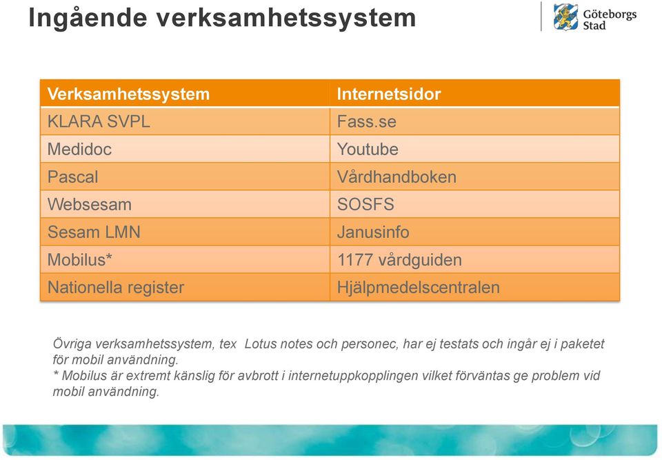 se Youtube Vårdhandboken SOSFS Janusinfo 1177 vårdguiden Hjälpmedelscentralen Övriga verksamhetssystem, tex