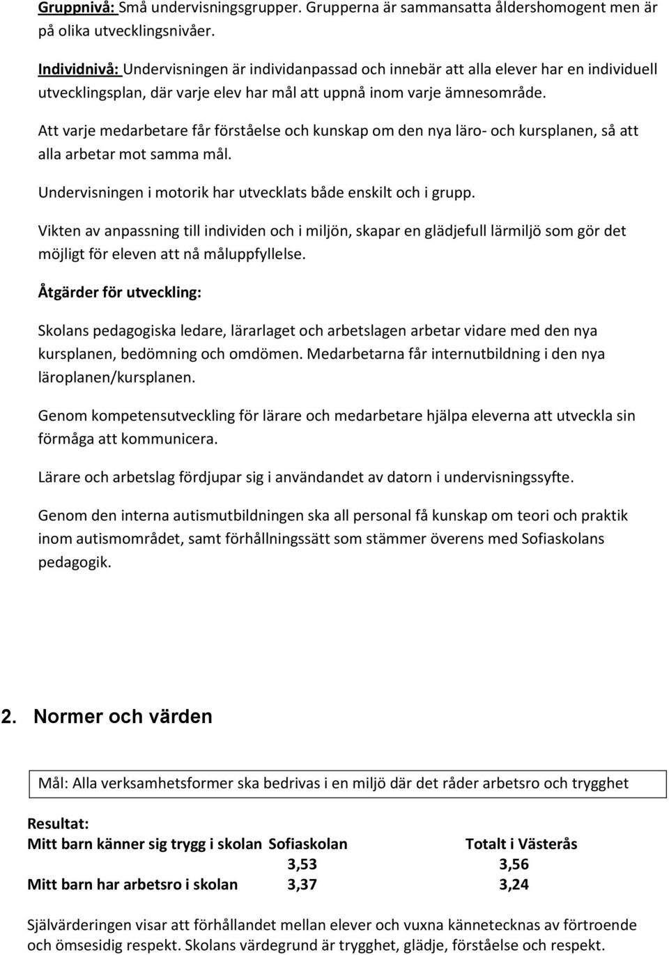 Att varje medarbetare får förståelse och kunskap om den nya läro- och kursplanen, så att alla arbetar mot samma mål. Undervisningen i motorik har utvecklats både enskilt och i grupp.