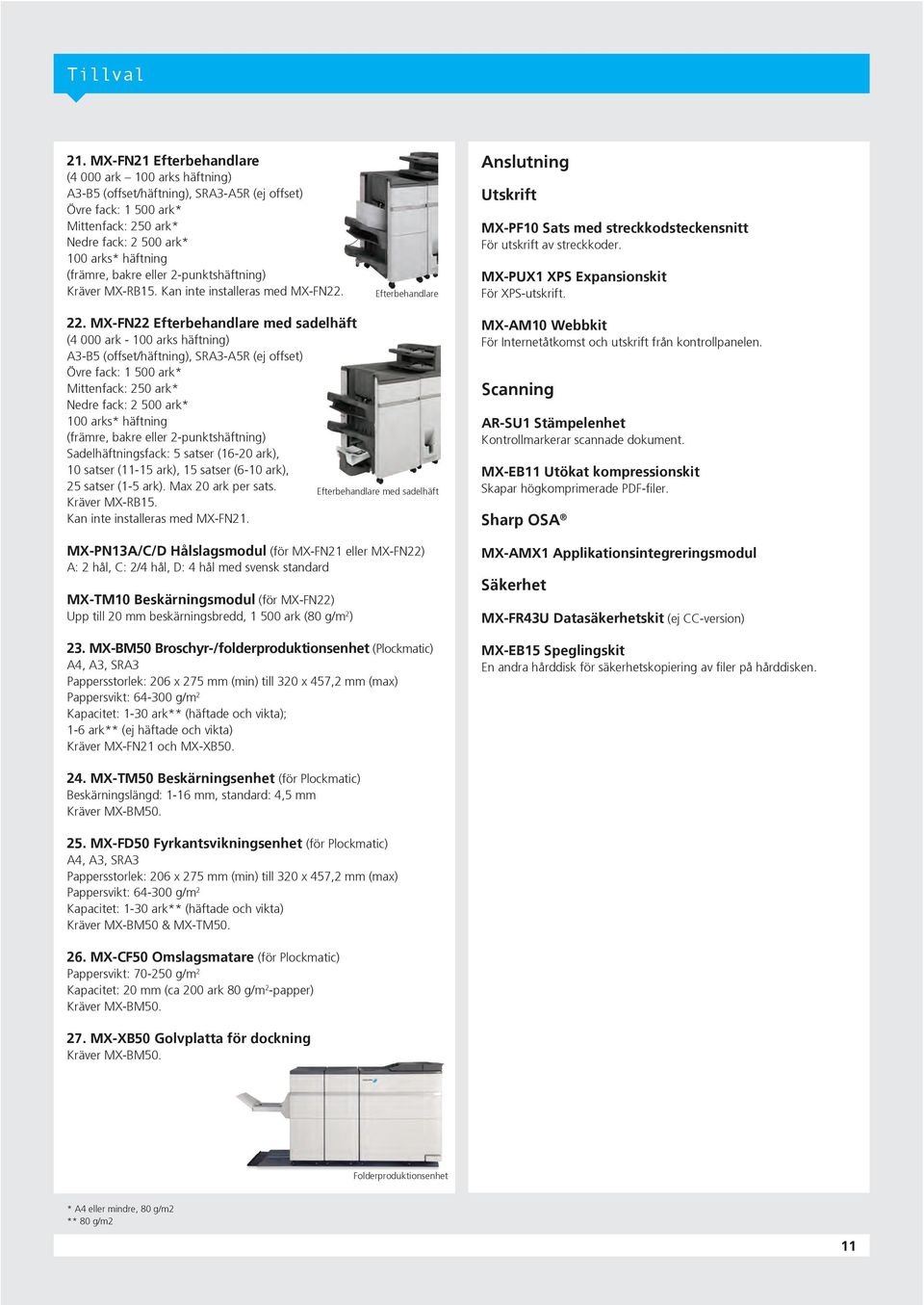 eller 2-punktshäftning) Kräver MX-RB15. Kan inte installeras med MX-FN22. Efterbehandlare Anslutning Utskrift MX-PF10 Sats med streckkodsteckensnitt För utskrift av streckkoder.