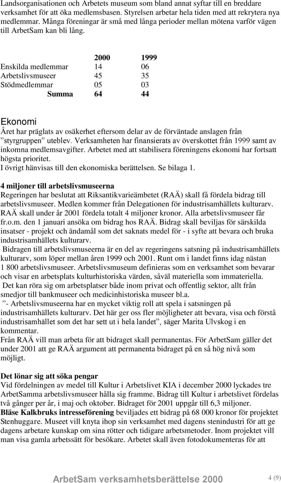 2000 1999 Enskilda medlemmar 14 06 Arbetslivsmuseer 45 35 Stödmedlemmar 05 03 Summa 64 44 Ekonomi Året har präglats av osäkerhet eftersom delar av de förväntade anslagen från styrgruppen uteblev.