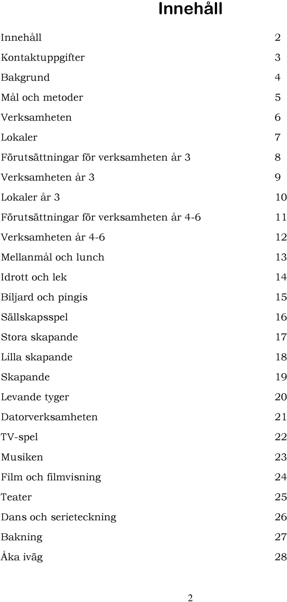 lunch 13 Idrott och lek 14 Biljard och pingis 15 Sällskapsspel 16 Stora skapande 17 Lilla skapande 18 Skapande 19 Levande