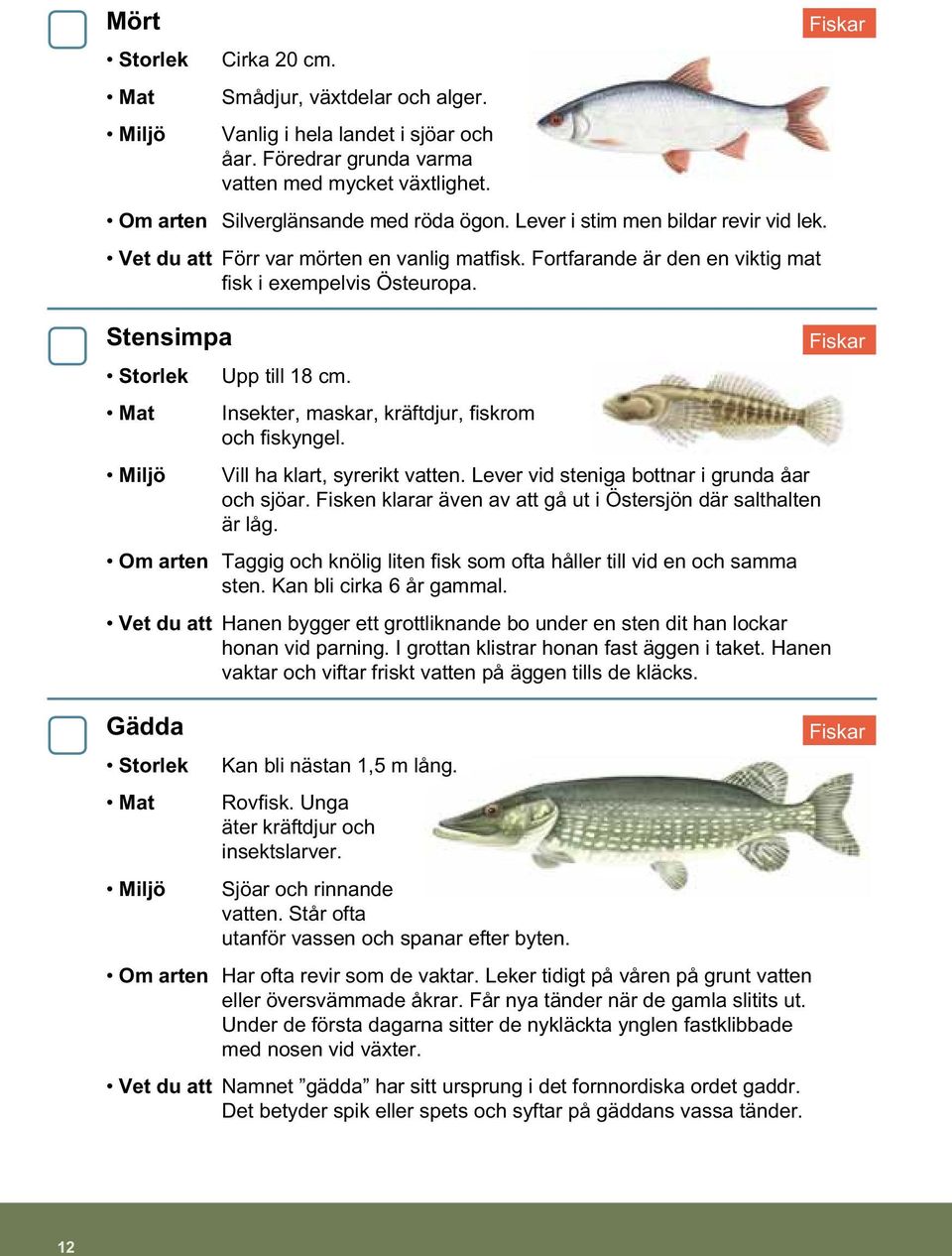 Insekter, maskar, kräftdjur, fiskrom och fiskyngel. Vill ha klart, syrerikt vatten. Lever vid steniga bottnar i grunda åar och sjöar. Fisken klarar även av att gå ut i Östersjön där salthalten är låg.