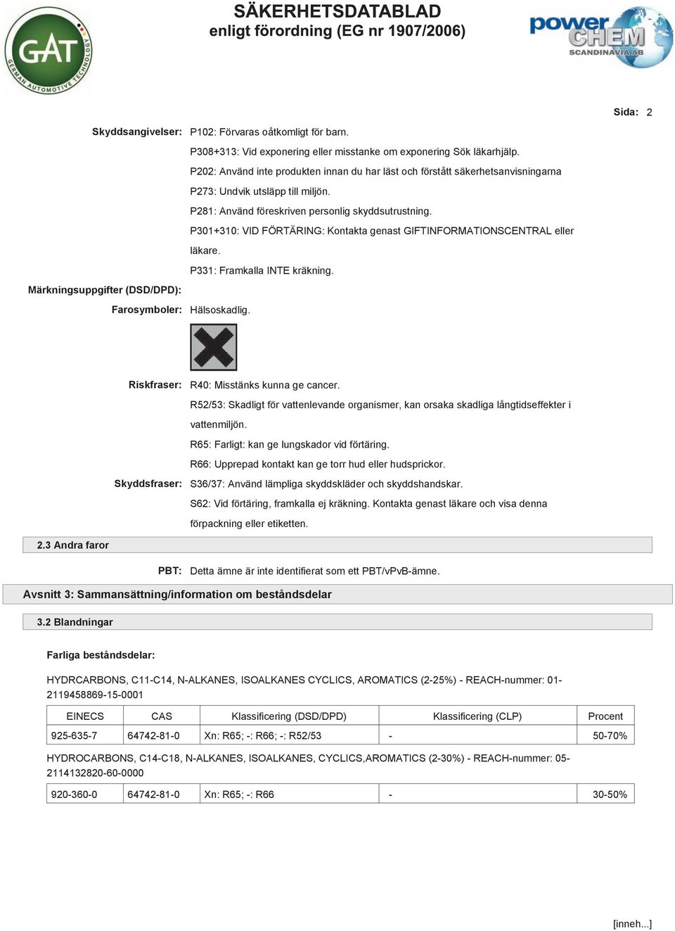 P301+310: VID FÖRTÄRING: Kontakta genast GIFTINFORMATIONSCENTRAL eller läkare. P331: Framkalla INTE kräkning. Hälsoskadlig. Sida: 2 Riskfraser: Skyddsfraser: 2.