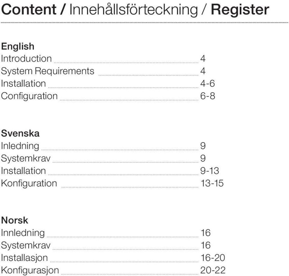 Inledning 9 Systemkrav 9 Installation 9-13 Konfiguration 13-15