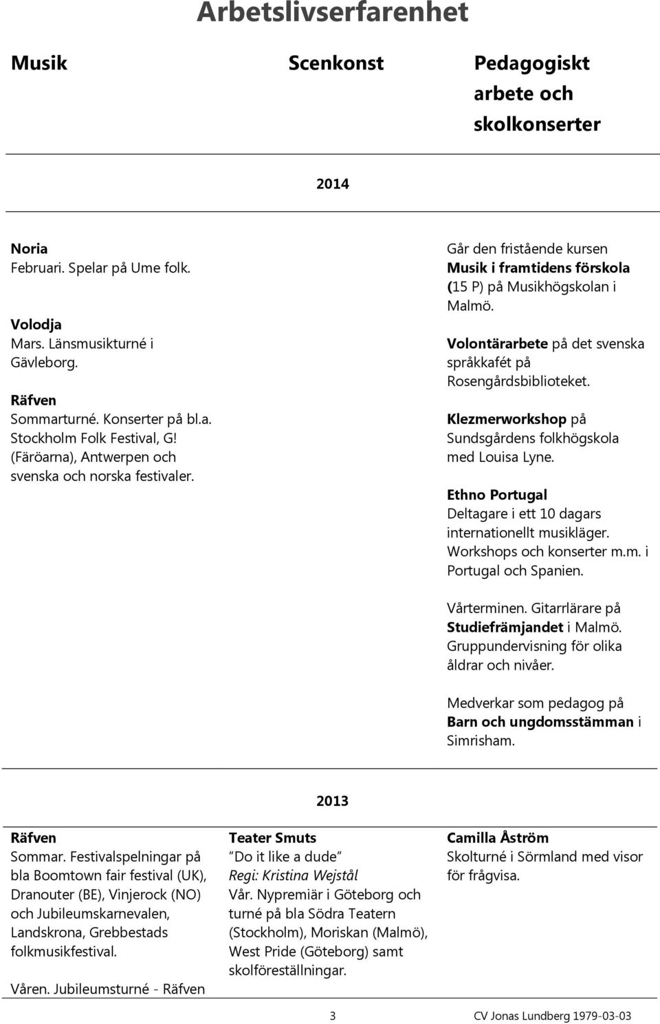 Volontärarbete på det svenska språkkafét på Rosengårdsbiblioteket. Klezmerworkshop på Sundsgårdens folkhögskola med Louisa Lyne. Ethno Portugal Deltagare i ett 10 dagars internationellt musikläger.