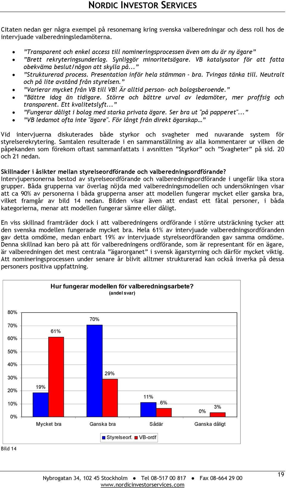 .. Strukturerad process. Presentation inför hela stämman - bra. Tvingas tänka till. Neutralt och på lite avstånd från styrelsen. Varierar mycket från VB till VB! Är alltid person- och bolagsberoende.