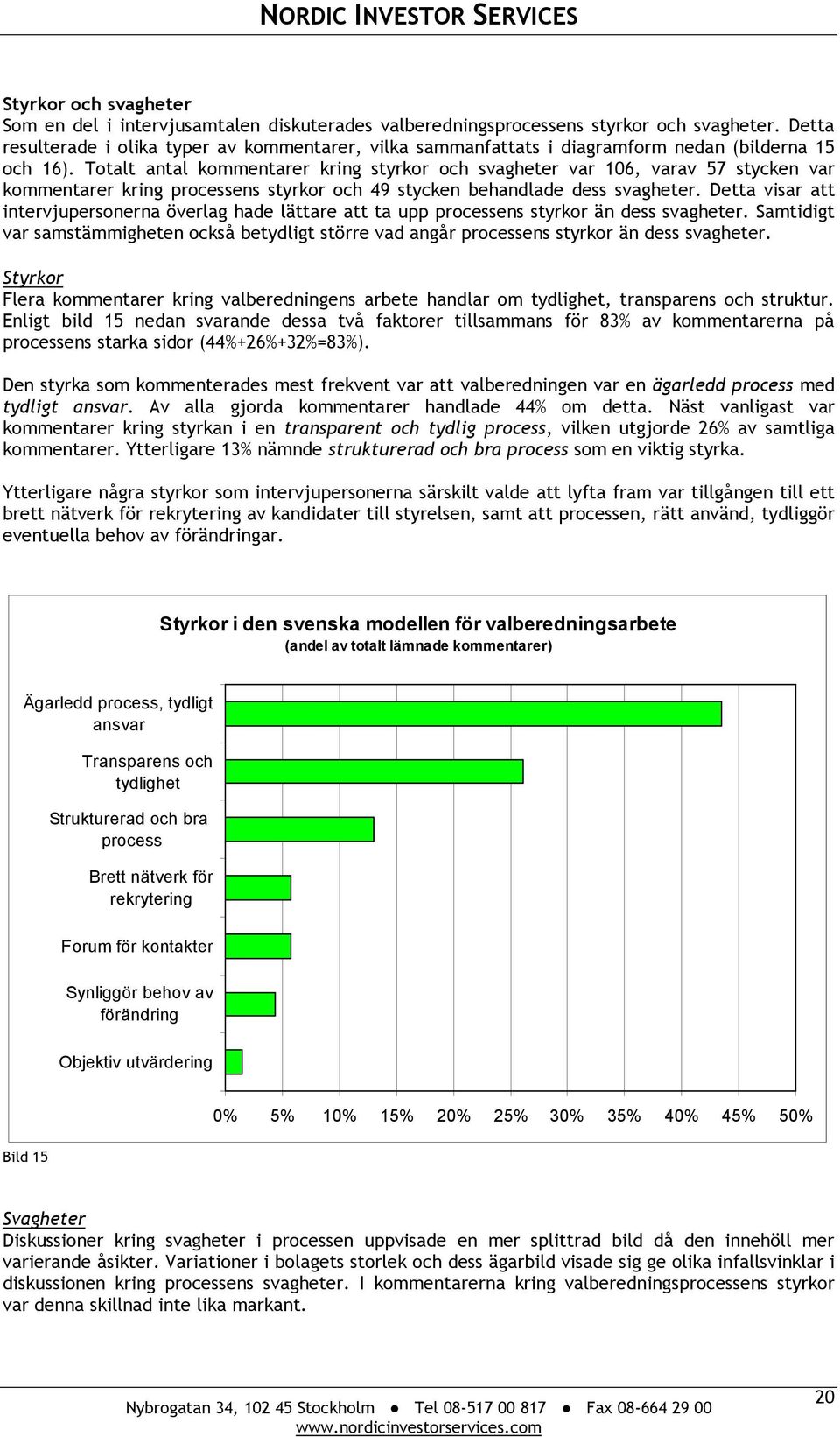 Totalt antal kommentarer kring styrkor och svagheter var 106, varav 57 stycken var kommentarer kring processens styrkor och 49 stycken behandlade dess svagheter.