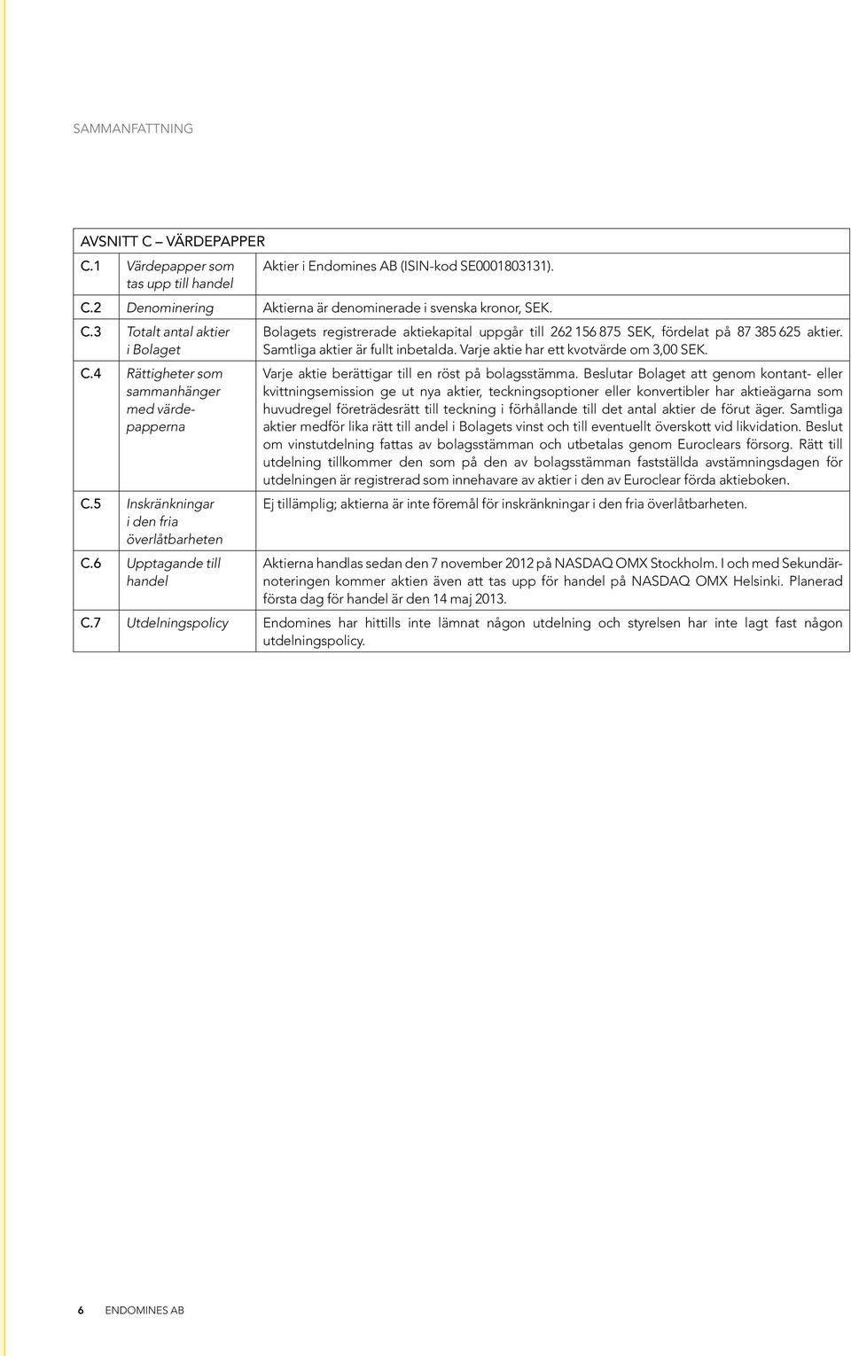 6 Upptagande till handel Bolagets registrerade aktiekapital uppgår till 262 156 875 SEK, fördelat på 87 385 625 aktier. Samtliga aktier är fullt inbetalda. Varje aktie har ett kvotvärde om 3,00 SEK.