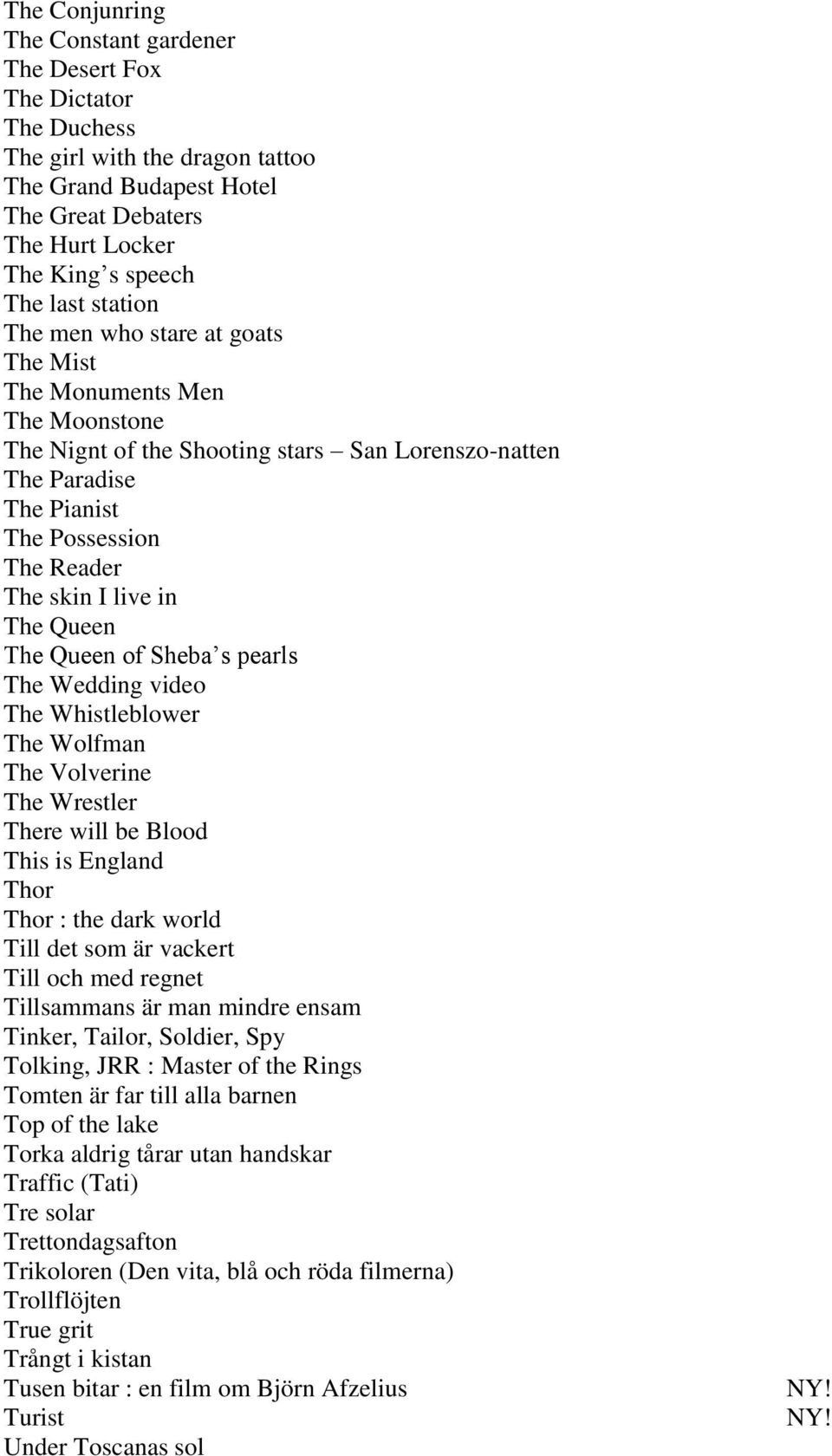 The Queen The Queen of Sheba s pearls The Wedding video The Whistleblower The Wolfman The Volverine The Wrestler There will be Blood This is England Thor Thor : the dark world Till det som är vackert