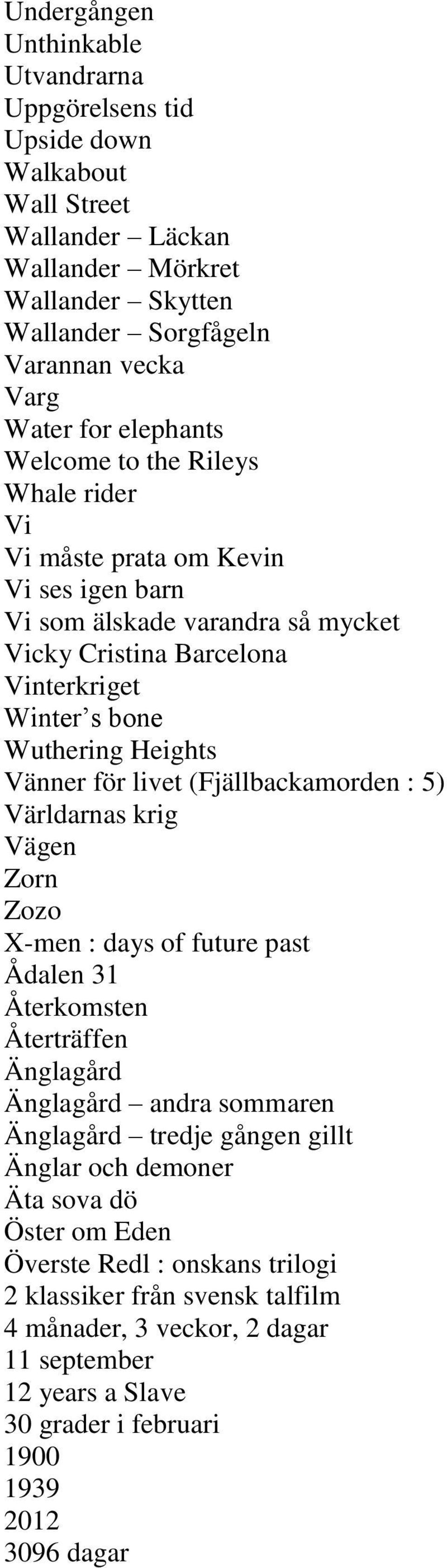 för livet (Fjällbackamorden : 5) Världarnas krig Vägen Zorn Zozo X-men : days of future past Ådalen 31 Återkomsten Återträffen Änglagård Änglagård andra sommaren Änglagård tredje gången gillt Änglar