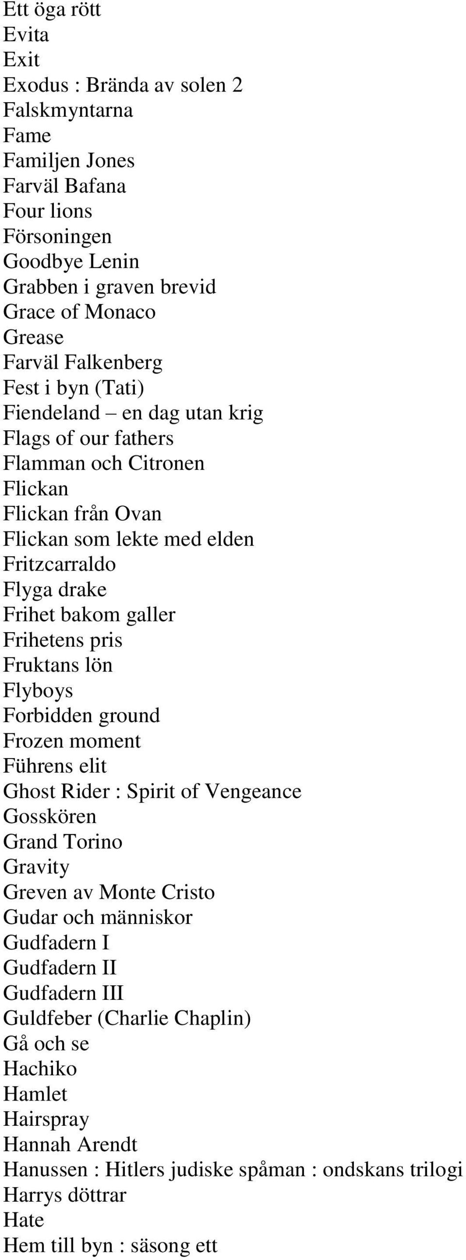 galler Frihetens pris Fruktans lön Flyboys Forbidden ground Frozen moment Führens elit Ghost Rider : Spirit of Vengeance Gosskören Grand Torino Gravity Greven av Monte Cristo Gudar och människor