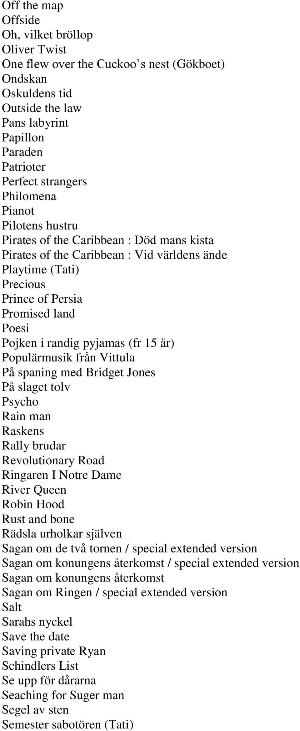 pyjamas (fr 15 år) Populärmusik från Vittula På spaning med Bridget Jones På slaget tolv Psycho Rain man Raskens Rally brudar Revolutionary Road Ringaren I Notre Dame River Queen Robin Hood Rust and