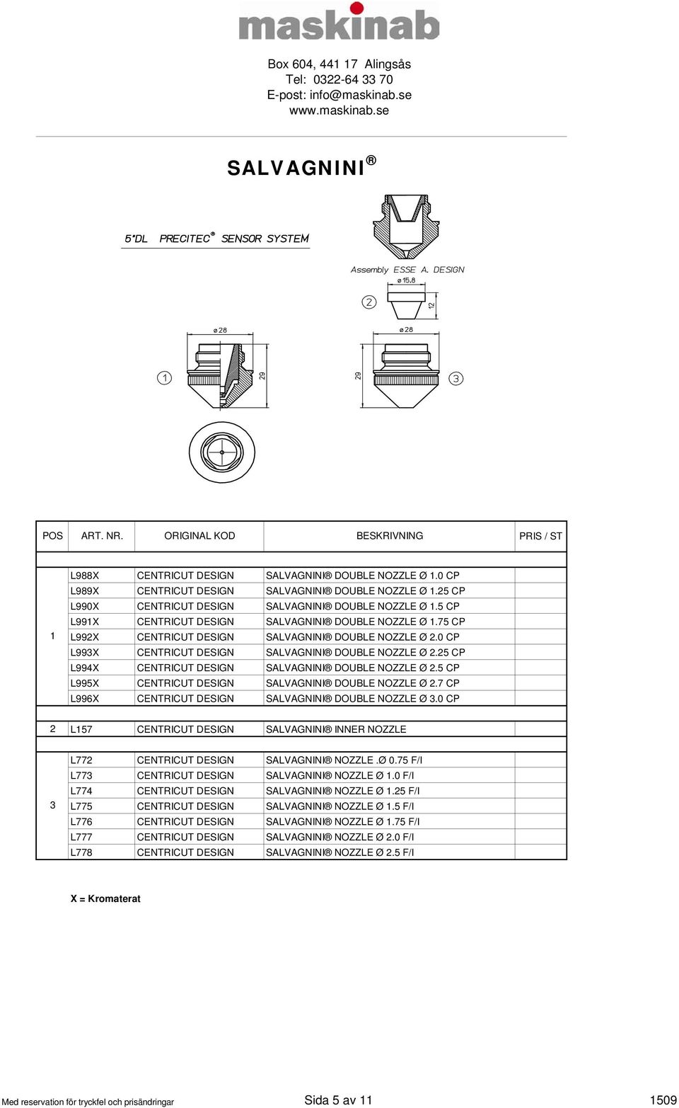 0 CP L993X CENTRICUT DESIGN SALVAGNINI DOUBLE NOZZLE Ø 2.25 CP L994X CENTRICUT DESIGN SALVAGNINI DOUBLE NOZZLE Ø 2.5 CP L995X CENTRICUT DESIGN SALVAGNINI DOUBLE NOZZLE Ø 2.