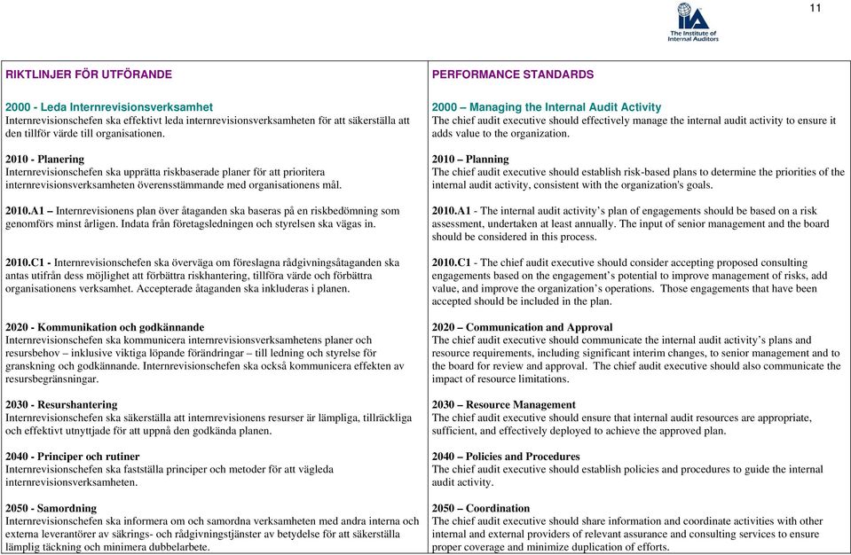 A1 Internrevisionens plan över åtaganden ska baseras på en riskbedömning som genomförs minst årligen. Indata från företagsledningen och styrelsen ska vägas in. 2010.