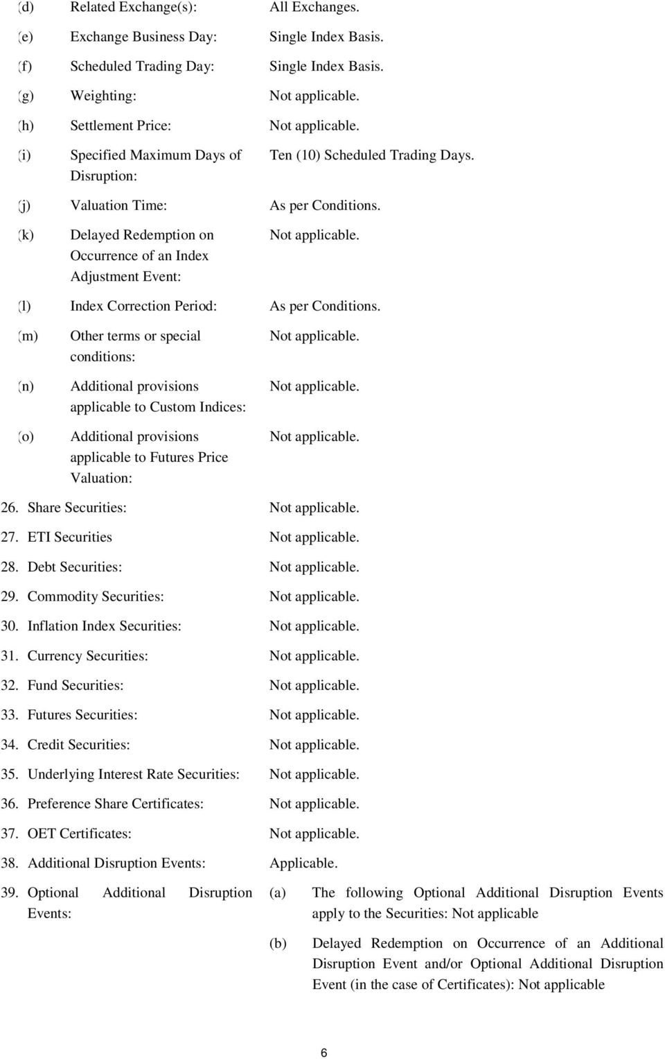 (k) Delayed Redemption on Occurrence of an Index Adjustment Event: (l) Index Correction Period: As per Conditions.