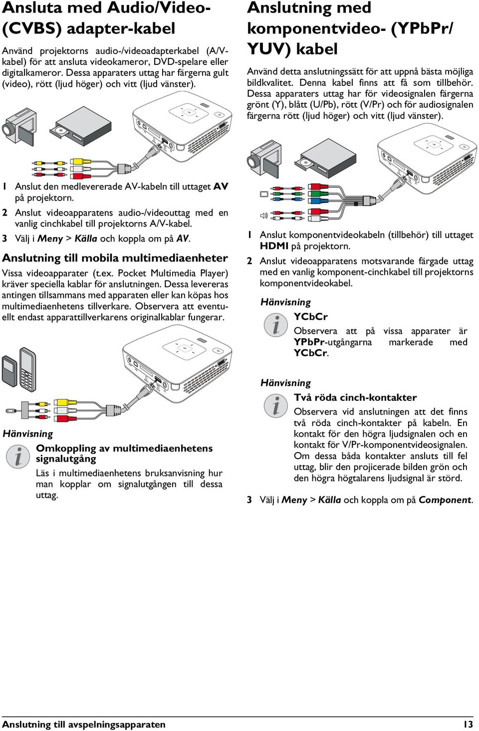 Anslutning med komponentvideo- (YPbPr/ YUV) kabel Använd detta anslutningssätt för att uppnå bästa möjliga bildkvalitet. Denna kabel finns att få som tillbehör.