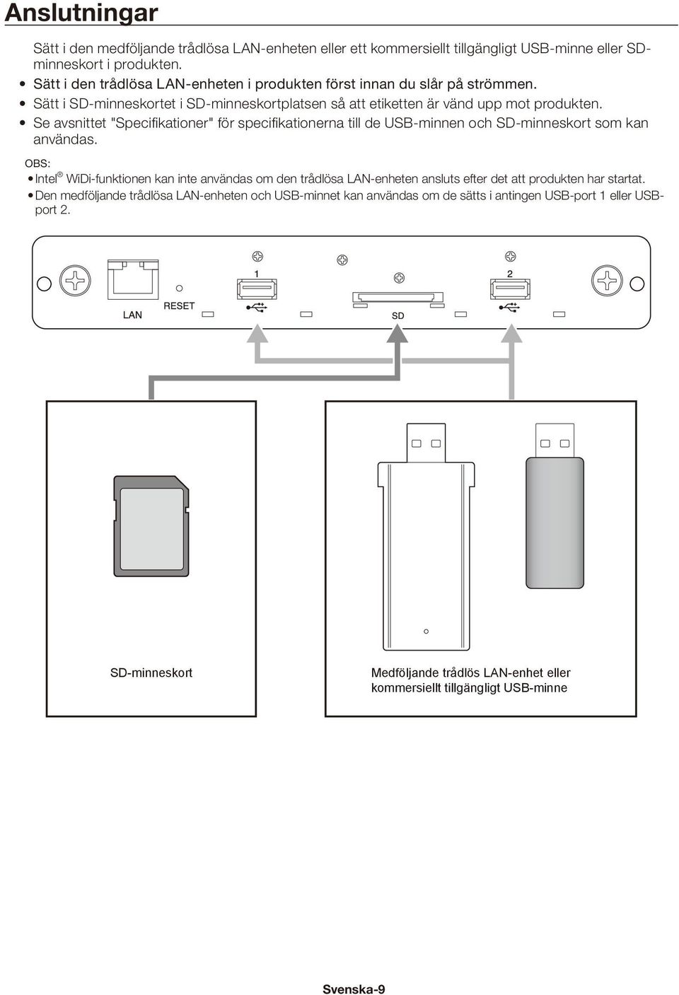 Se avsnittet "Specifikationer" för specifikationerna till de USB-minnen och SD-minneskort som kan användas.