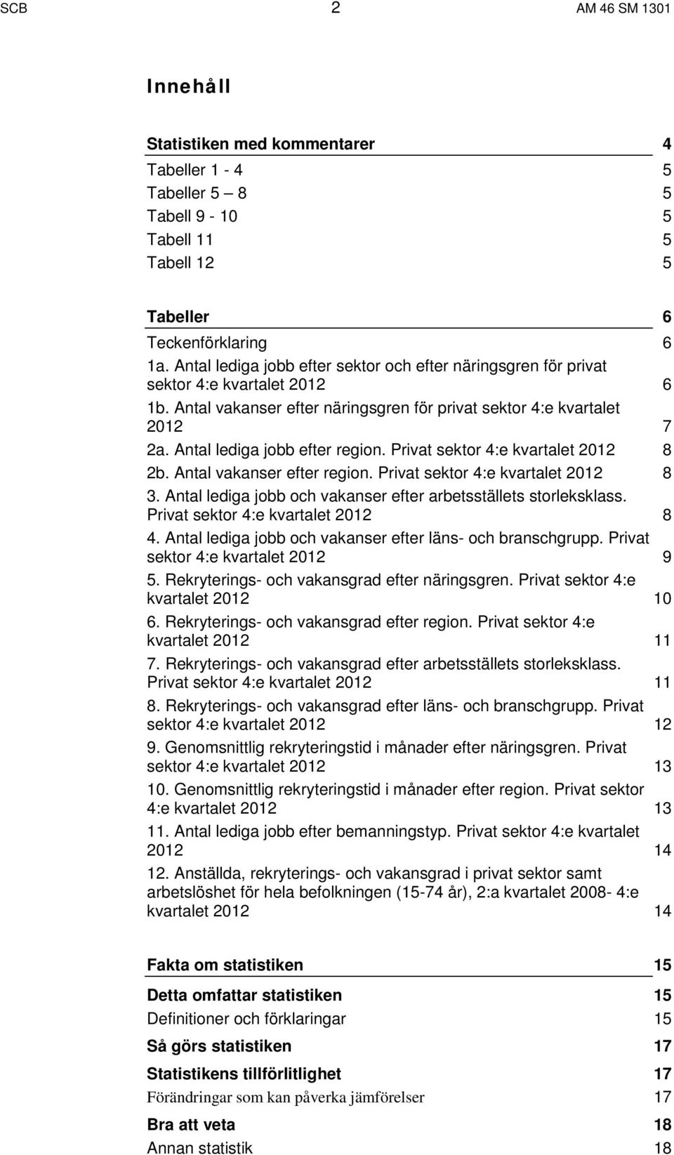 Privat sektor 4:e kvartalet 8 2b. Antal vakanser efter region. Privat sektor 4:e kvartalet 8 3. Antal lediga jobb och vakanser efter arbetsställets storleksklass. Privat sektor 4:e kvartalet 8 4.