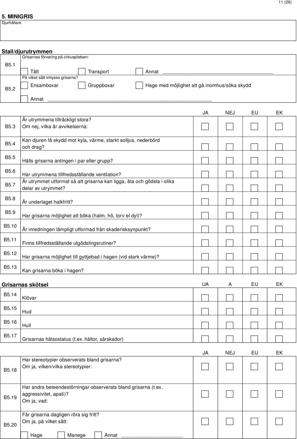 Hålls grisarna antingen i par eller grupp? Har utrymmena tillfredsställande ventilation? Är utrymmet utformat så att grisarna kan ligga, äta och gödsla i olika delar av utrymmet?