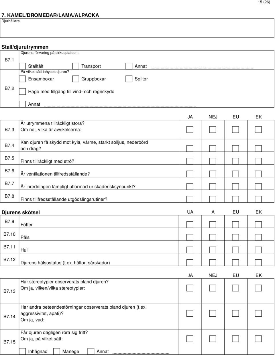 Om nej, vilka är avvikelserna: Kan djuren få skydd mot kyla, värme, starkt solljus, nederbörd och drag? Finns tillräckligt med strö? Är ventilationen tillfredsställande?