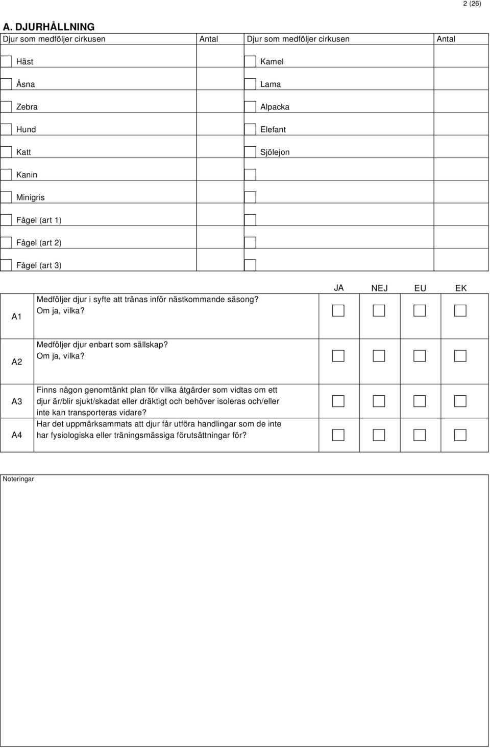Fågel (art 1) Fågel (art 2) Fågel (art 3) A1 Medföljer djur i syfte att tränas inför nästkommande säsong? Om ja, vilka? A2 Medföljer djur enbart som sällskap?