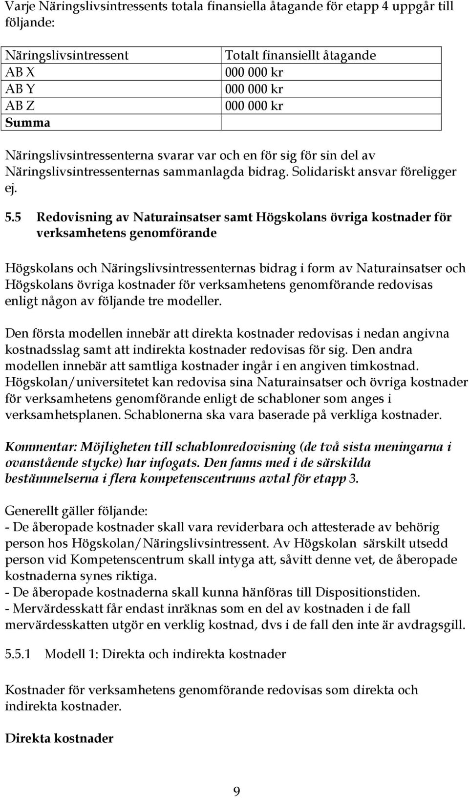 5 Redovisning av Naturainsatser samt Högskolans övriga kostnader för verksamhetens genomförande Högskolans och Näringslivsintressenternas bidrag i form av Naturainsatser och Högskolans övriga