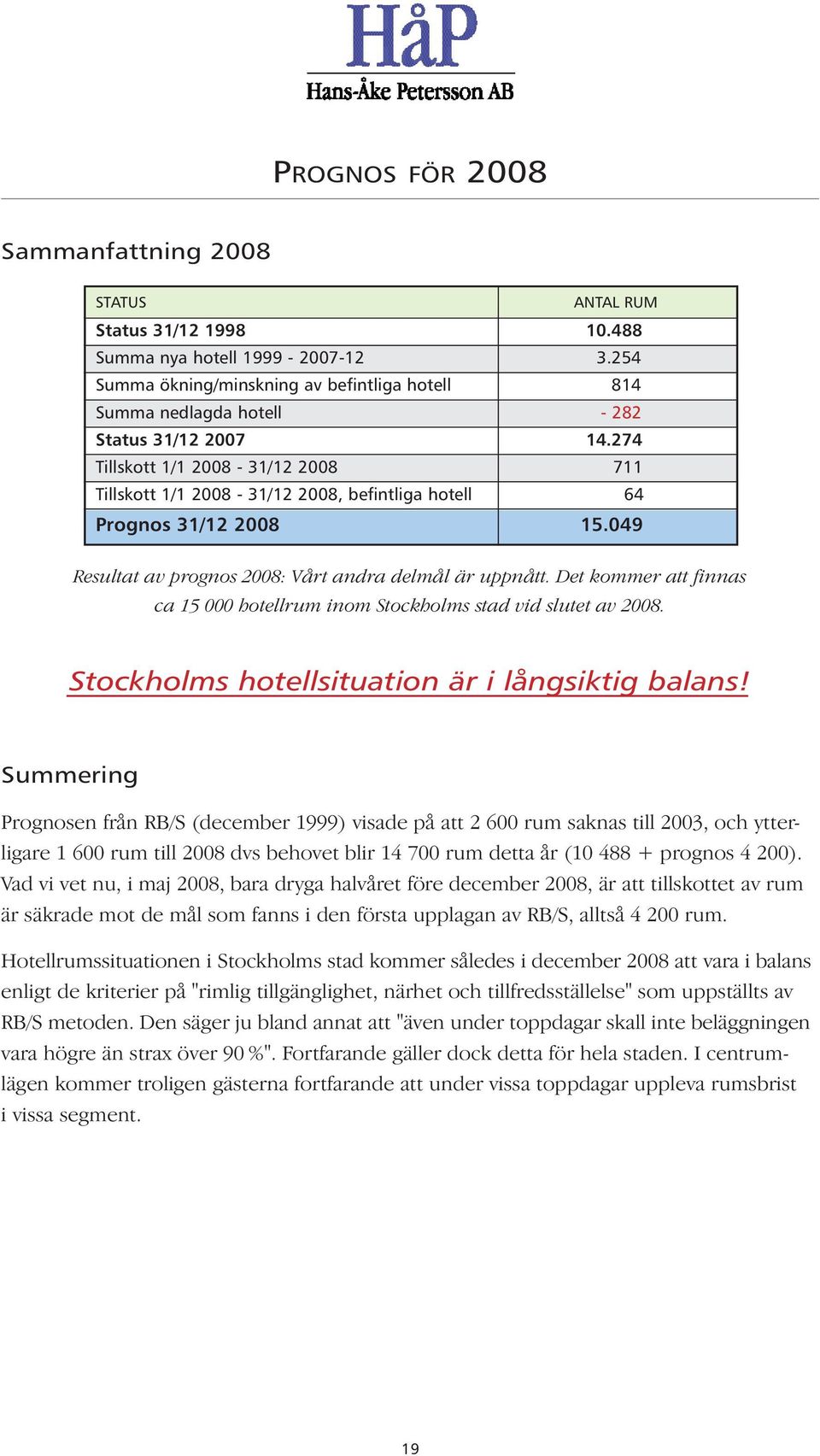 274 Tillskott 1/1 2008-31/12 2008 711 Tillskott 1/1 2008-31/12 2008, befintliga hotell 64 Prognos 31/12 2008 15.049 Resultat av prognos 2008: Vårt andra delmål är uppnått.