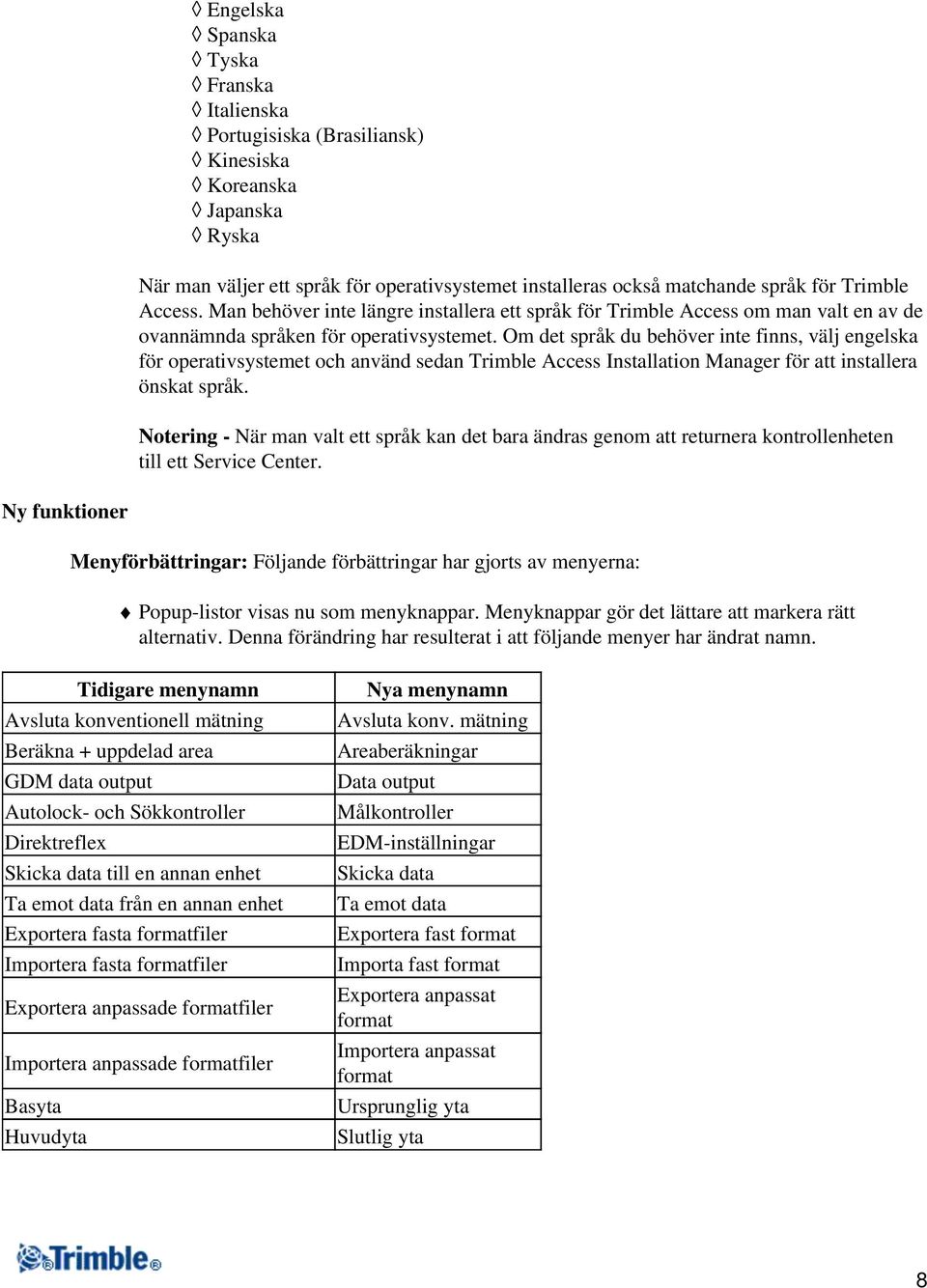 Om det språk du behöver inte finns, välj engelska för operativsystemet och använd sedan Trimble Access Installation Manager för att installera önskat språk.