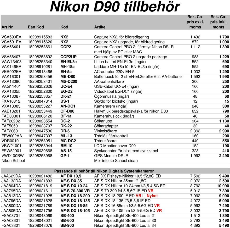 fjärrstyr Nikon DSLR 1 112 1 390 med hjälp av PC eller MAC VSA56407 18208253692 CCP2UP Camera Control PRO 2 upgrade package 983 1 229 VAW13403 18208253340 EN-EL3e Li-ion batteri EN-EL3e (ingår) 552