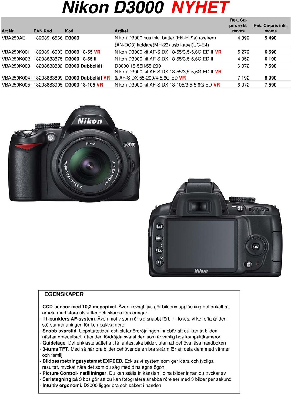 D3000 18-55 II Nikon D3000 kit AF-S DX 18-55/3,5-5,6G ED II 4 952 6 190 VBA250K003 18208883882 D3000 Dubbelkit D3000 18-55II/55-200 6 072 7 590 VBA250K004 18208883899 D3000 Dubbelkit VR Nikon D3000