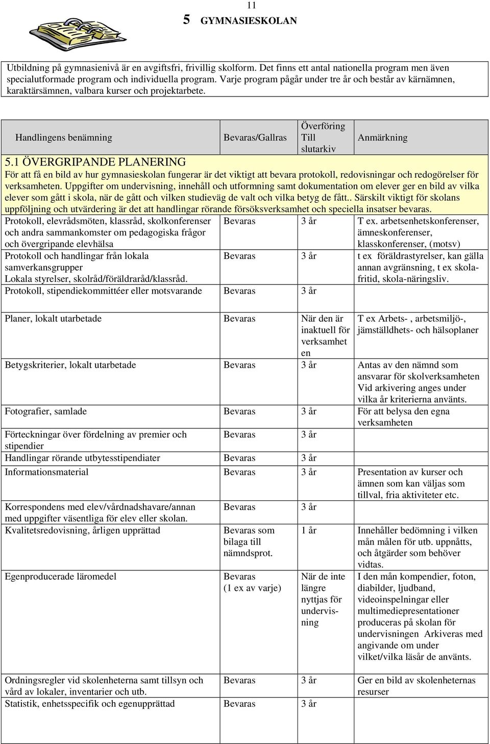 1 ÖVERGRIPANDE PLANERING För att få en bild av hur gymnasieskolan fungerar är det viktigt att bevara protokoll, redovisningar och redogörelser för.