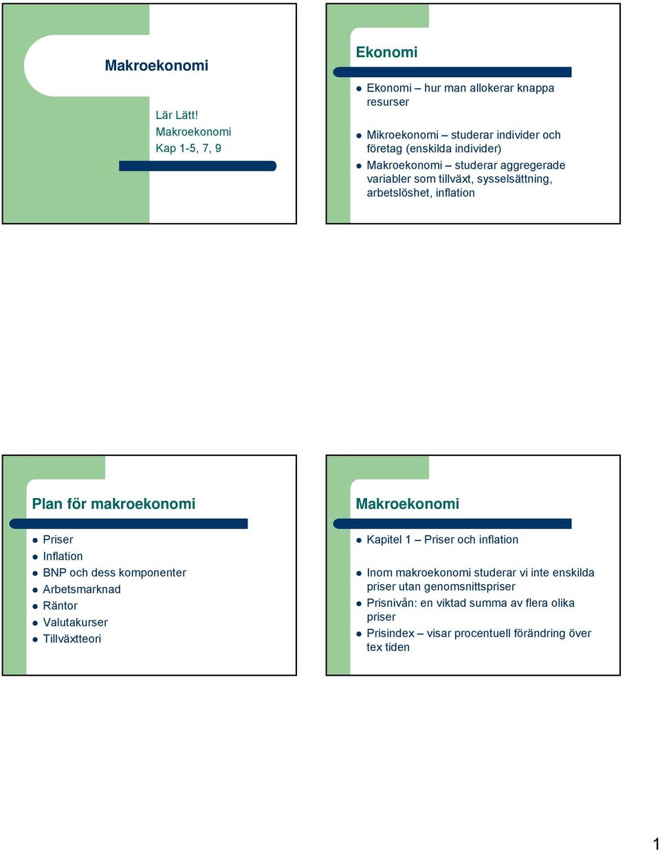 Makroekonomi studerar aggregerade variabler som tillväxt, sysselsättning, arbetslöshet, inflation Plan för makroekonomi Makroekonomi Priser Inflation